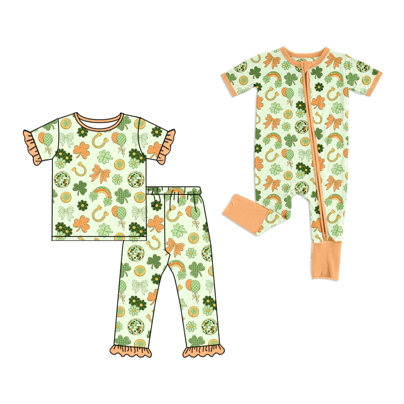 Preorder MOQ 5 pcs Each Style Saint Patrick Leaves Rainbows Orange Ruffles Kids Matching Clothes
