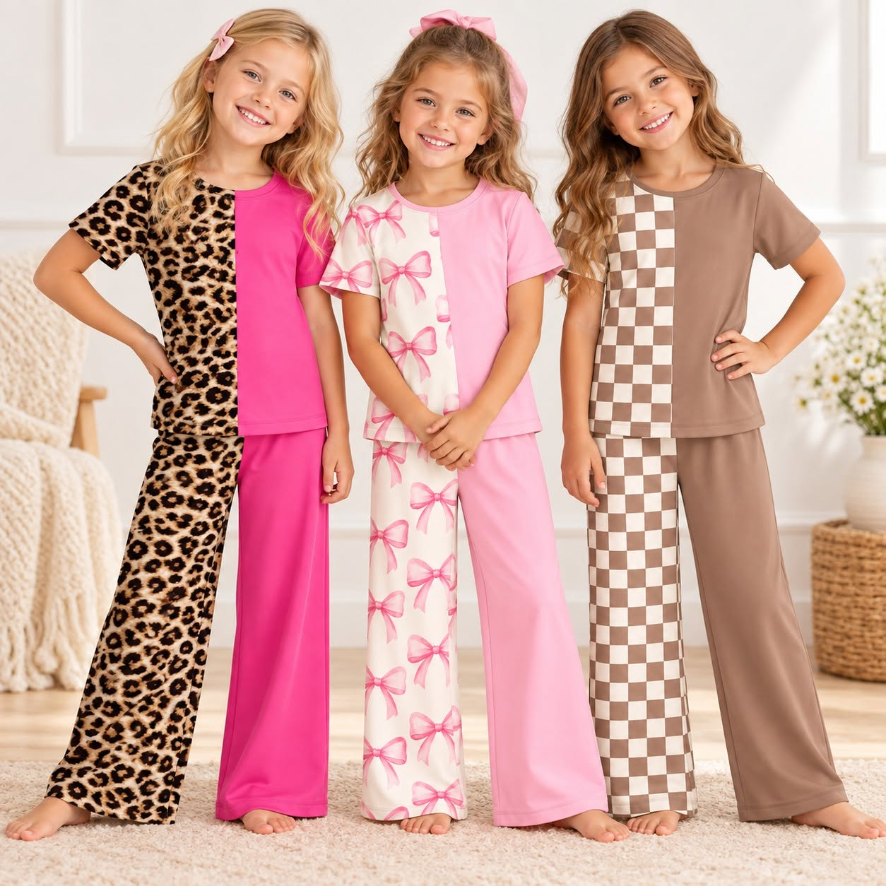 Preorder MOQ 5 pcs Each Style Leopard & Bow & Plaid Sweet Kids Matching Clothes