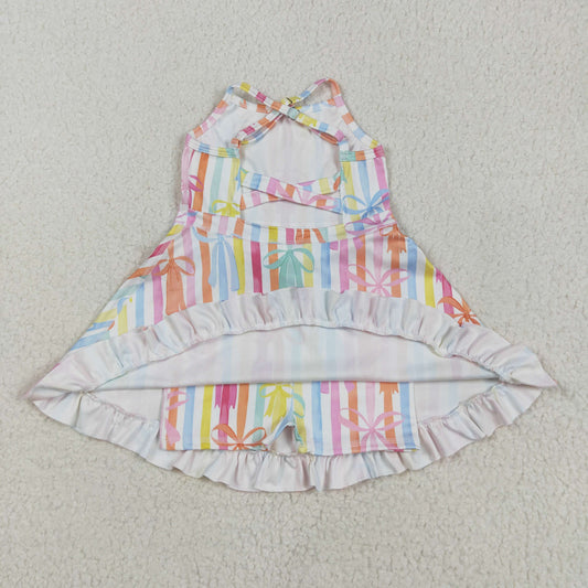 Colorful bows stripe yoga sleeveless Dress  print girl set