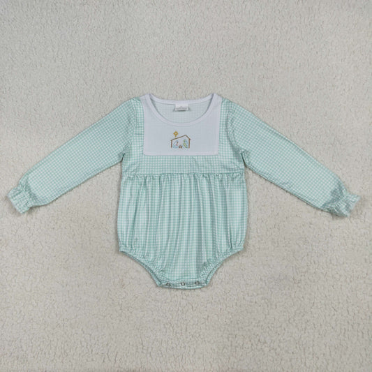 green plaid Christmas house embroidery Baby Romper LR2265