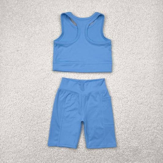Blue solid vest Girls Suit Summer Set