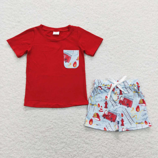 Red Fire trucks Short Sleeve Boy Set