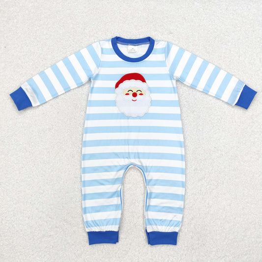 Christmas Blue stripe Embroidery Santa Boy Romper