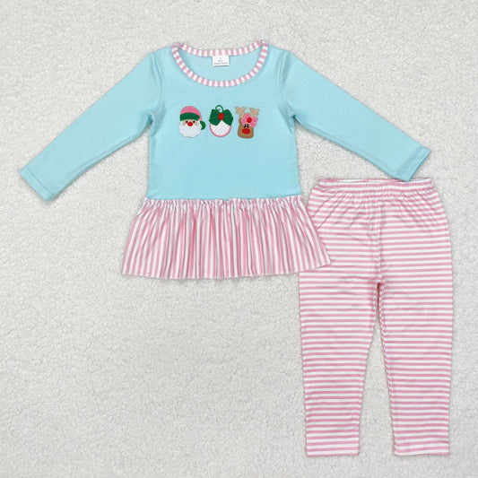 Christmas blue santa deer Embroidery Girls Set