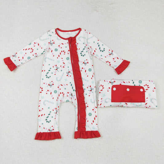 Christmas Red candy Print Baby Romper With zipper