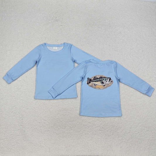 Blue shirt fish print long Sleeve Shirt