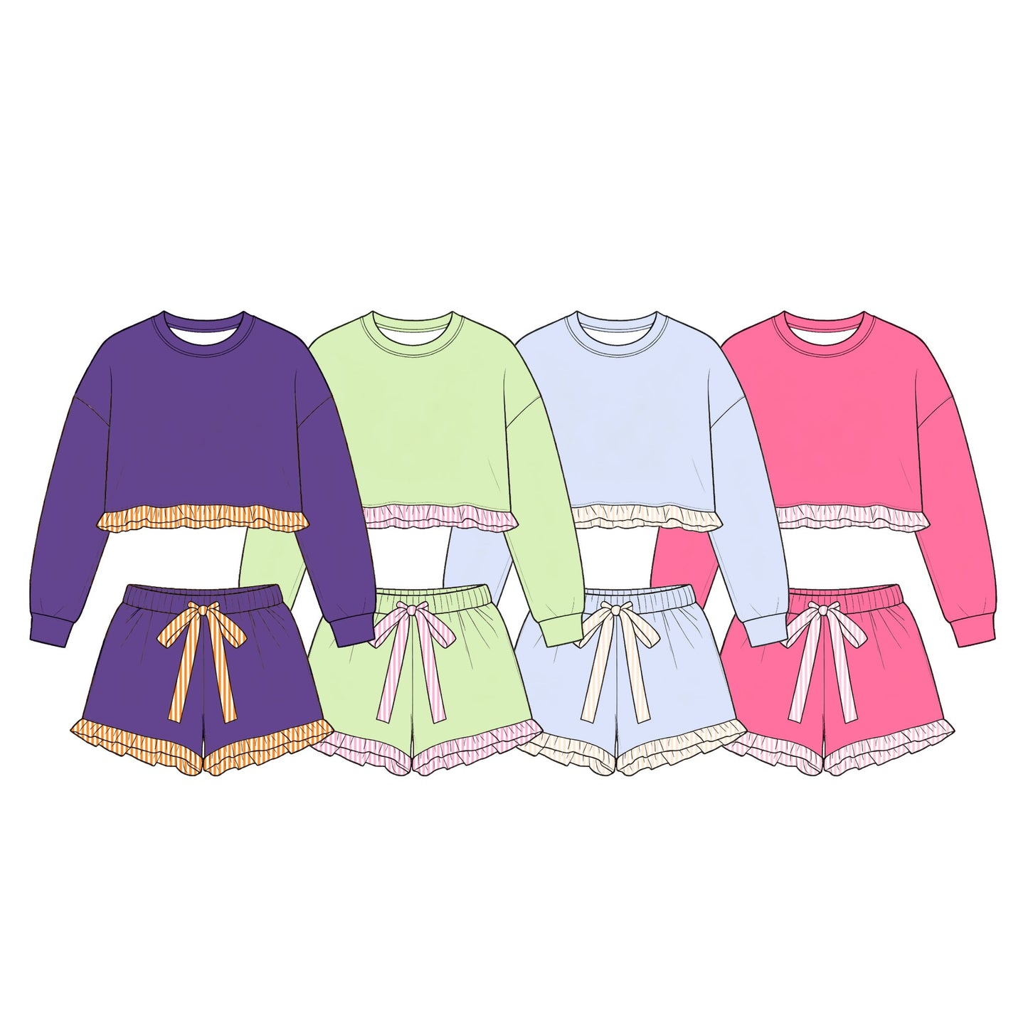 Preorder MOQ 5 pcs Each Style Solid Color Cotton Stripe Ruffles Girls Shorts Set Kids Matching Clothes