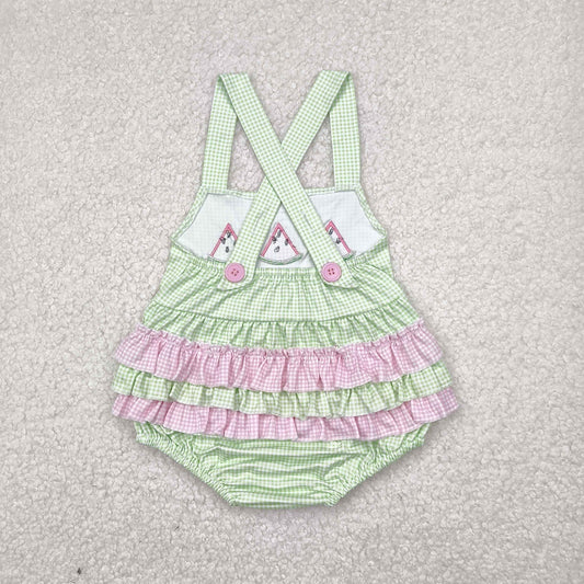 Watermelon embroidery green plaid Baby Romper