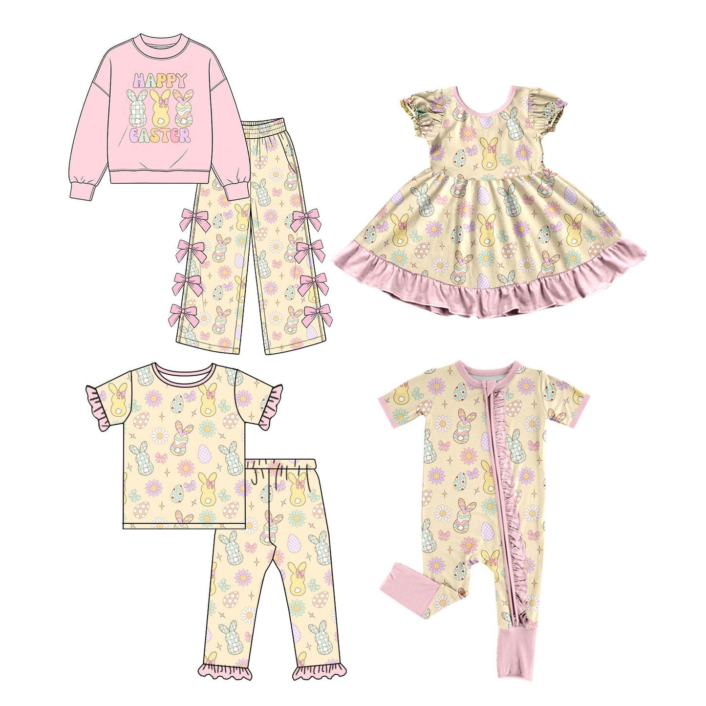 Preorder MOQ 5 pcs Each Style Happy Easter Bunny Flower Pink Kids Matching Clothes