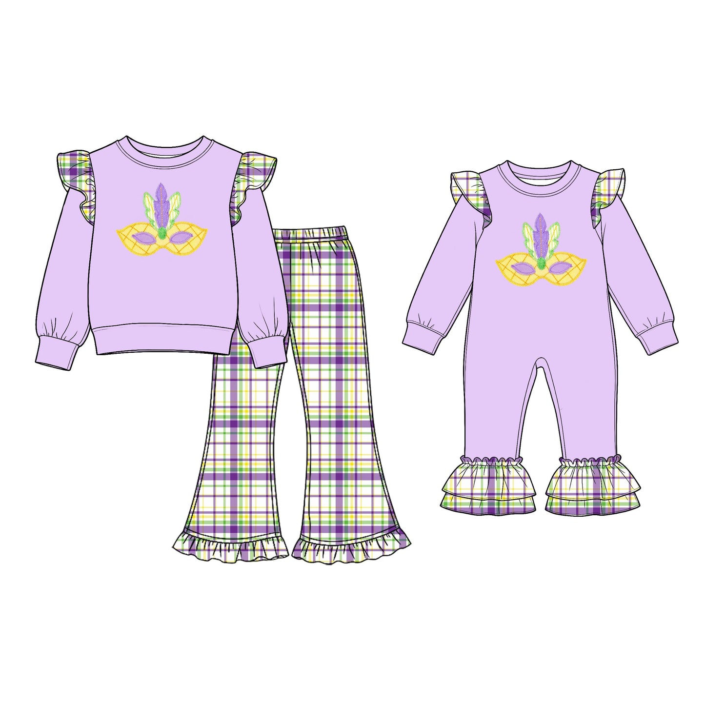 Preorder MOQ 5 pcs Each Style Mardi Gras Mask Print Plaid Ruffles Kids Matching Clothes