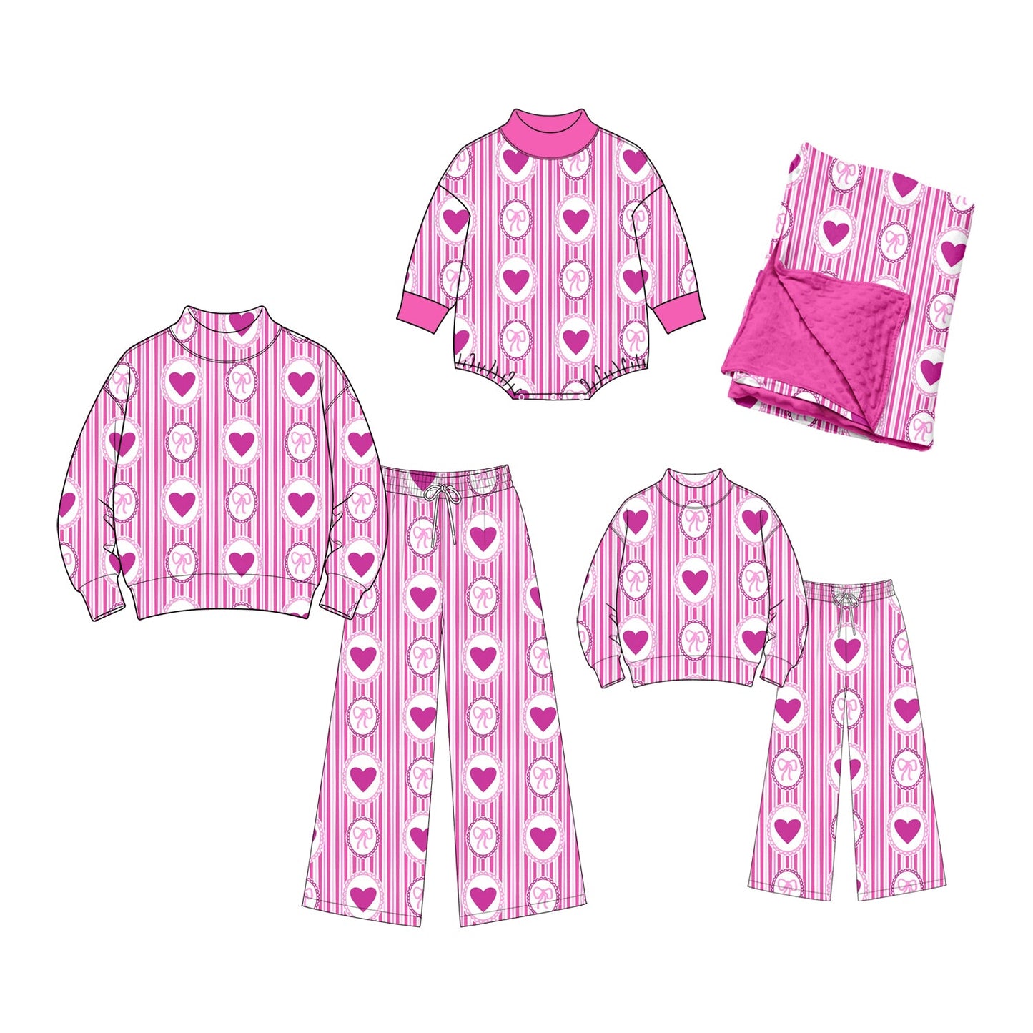 Preorder MOQ 5 pcs Each Style Valentine's Day Love Bows Stripe Middle Neckline Rose Red Mommy and Me Matching Clothes