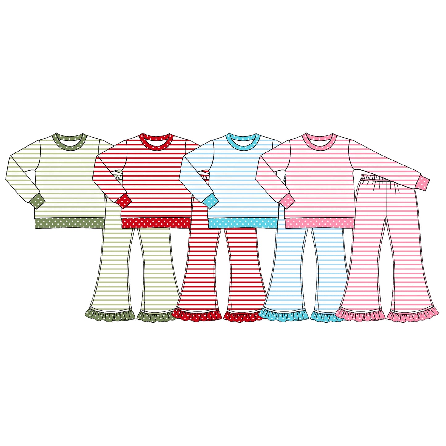 Preorder MOQ 5 pcs Each Style Stripe Dots Ruffles Girls Set Kids Matching Clothes