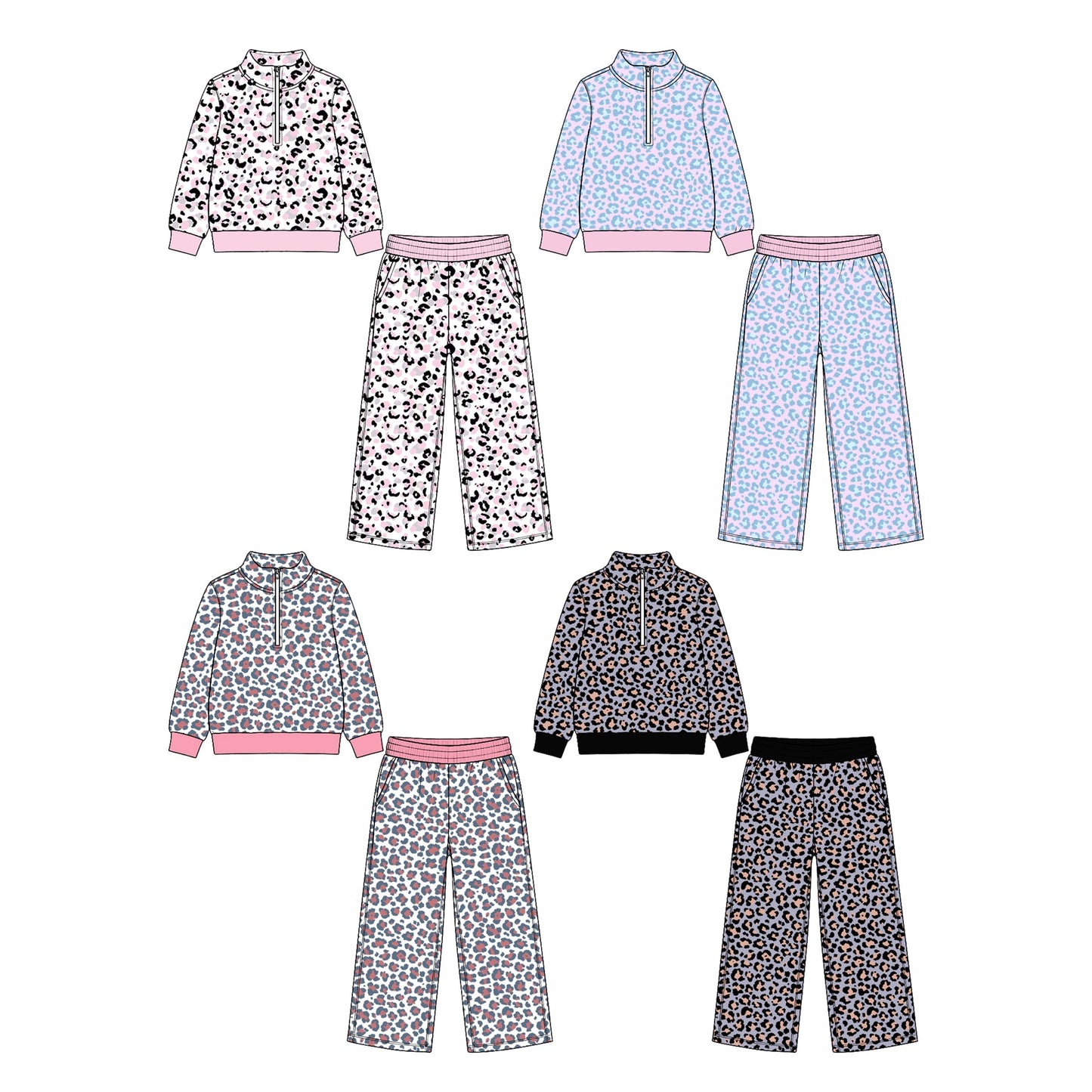 Preorder MOQ 5 pcs Each Style Leopard Zipper Pullover Girls Set Kids Matching Clothes