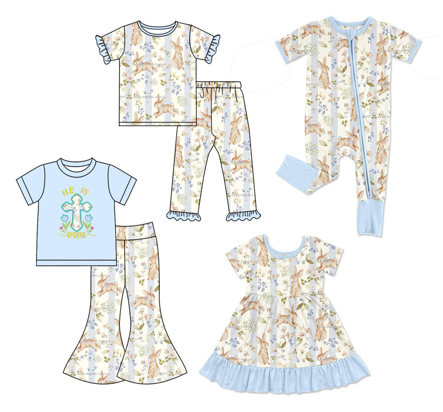 Preorder MOQ 5 pcs Each Style Easter Bunny Flower Blue Kids Matching Clothes
