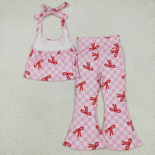 Pink Plaid bows Girls Suit Summer SetGSPO2030