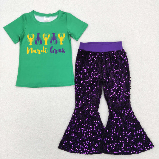 Happy Mardi Gras Green Print Short Shirt purple sequin Bell Pants Jeans