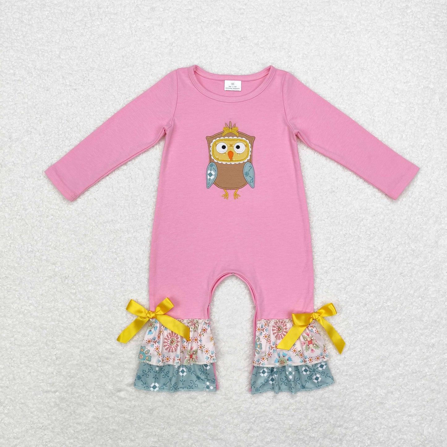 Pink Embroidery owl Baby Romper