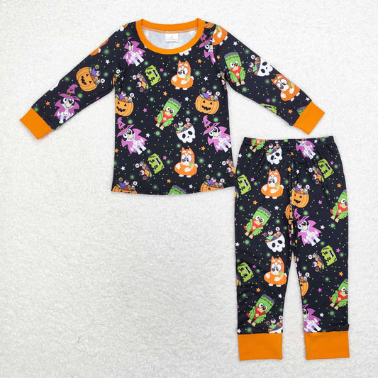 Halloween black Pumpkin Print Long Sleeve Ruffle Paj