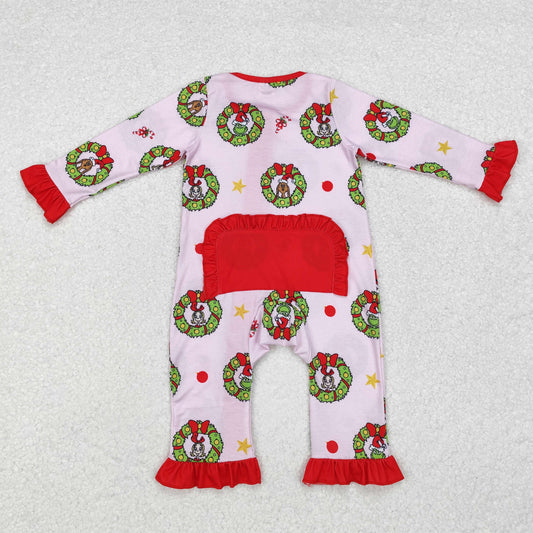 Christmas pink cartoon print Baby Romper With zipper( material contains bamboo ）