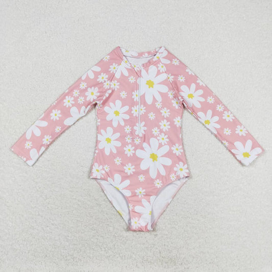 2pc Pink flower long sleeve Swimsuit