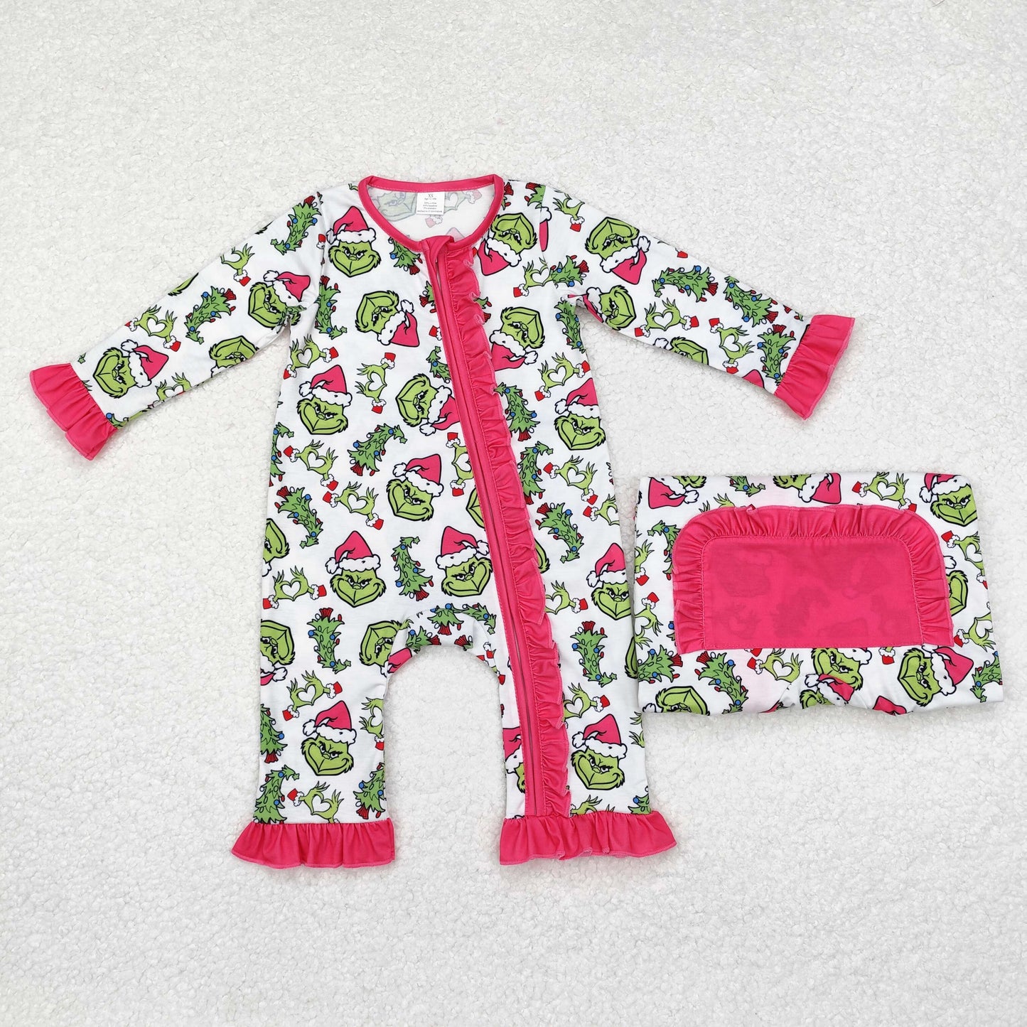 Christmas green  print Baby Romper With zipper( material contains bamboo ）