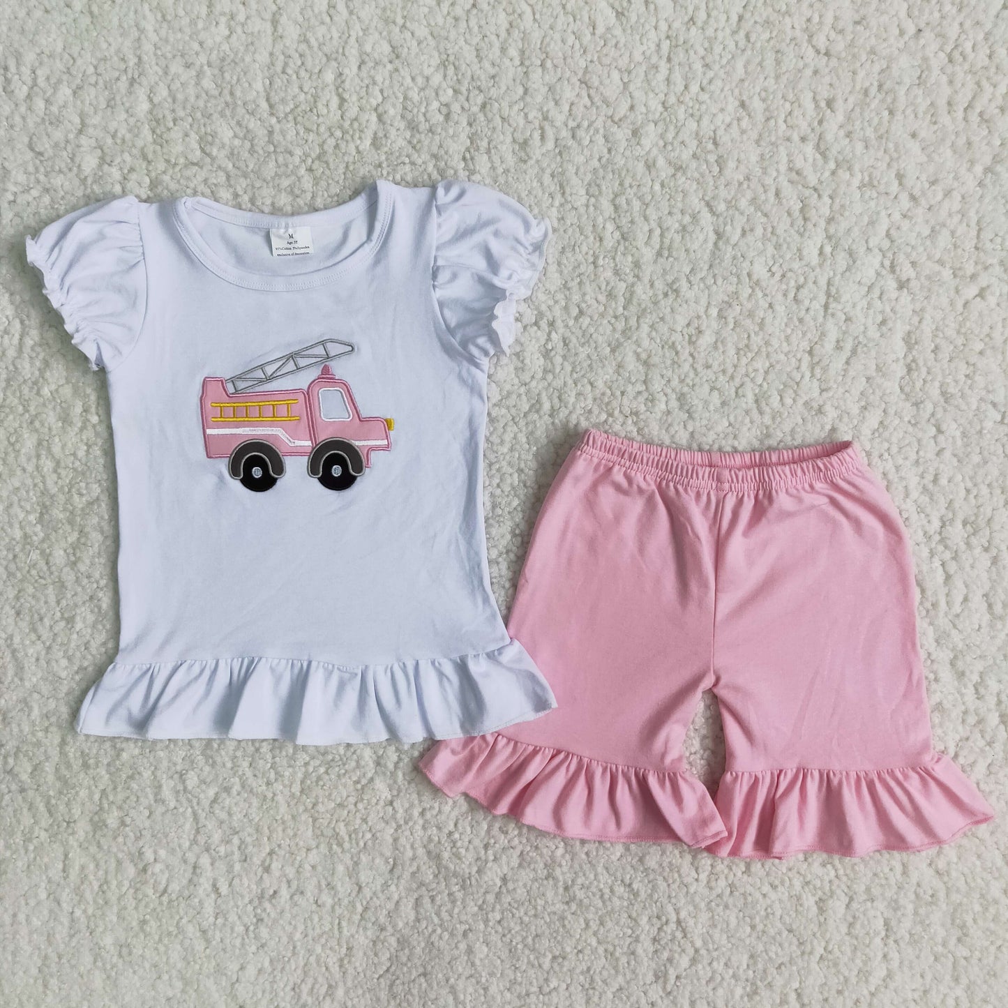 Embroidery pink firetruck summer set