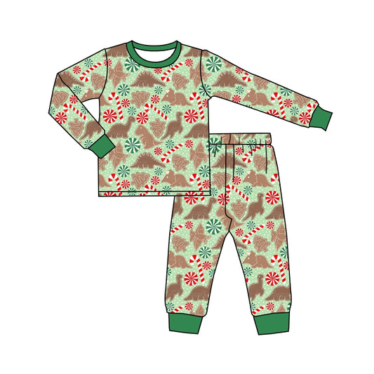 Pre-order  Christmas green dinosaur print long sleeve Ruffle pajamas (split Moq :3)