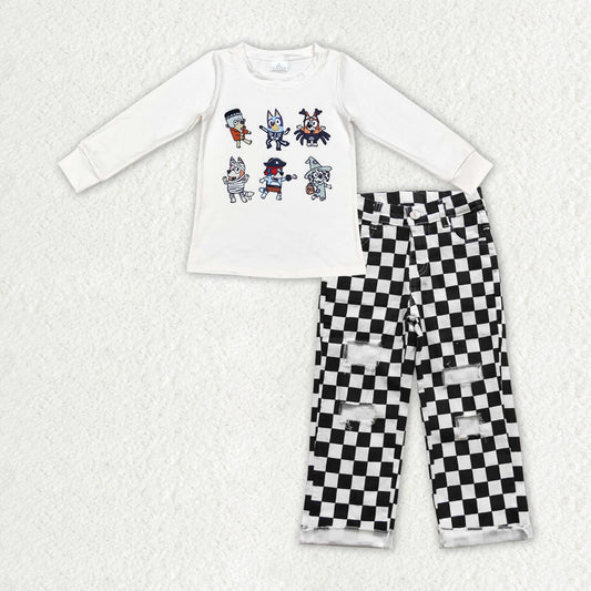 white Cartoon Dog Shirt + black and white plaid Pants Jeans