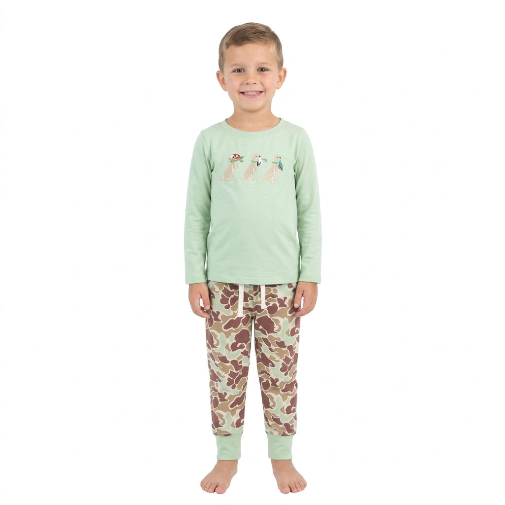 BLP1492 Embroidery Hunting Camo Dog Mint Boys Jogger Set