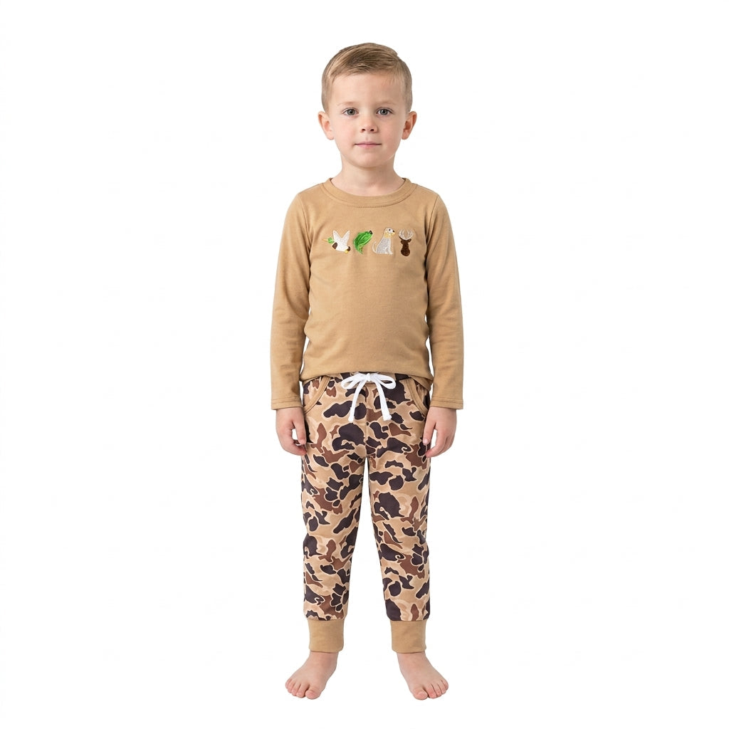 BLP1493 Embroidery Hunting Camo Dog Mallard Ducks Brown Boys Jogger Set
