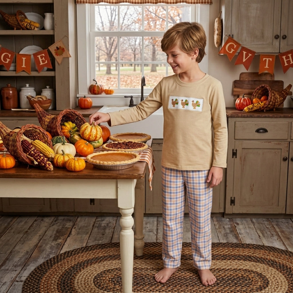 BLP1495 Embroidery Thanksgiving Day Turkey Plaid Boys Set