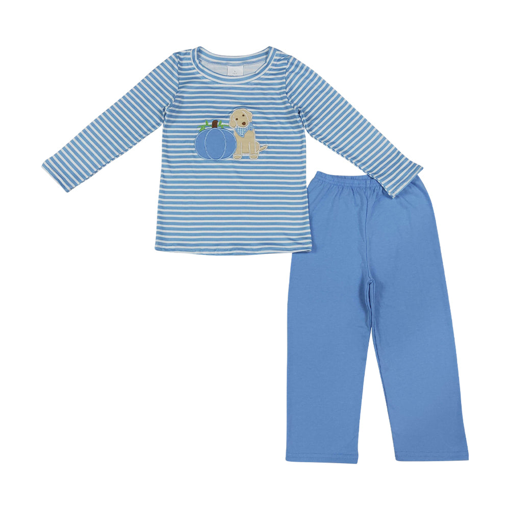 Halloween Blue Stripe pumpkin embroidery Print Boy Set BLP1500