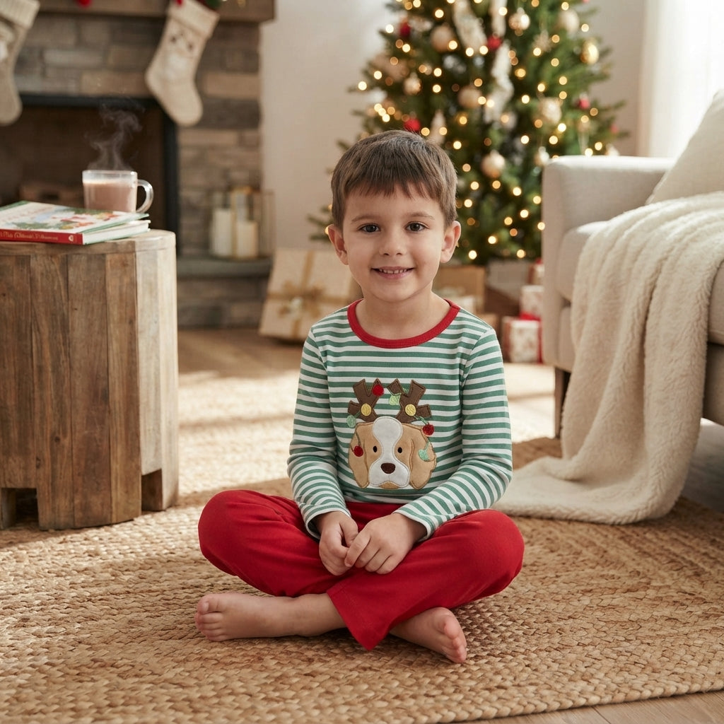 BLP1502 Embroidery Christmas Elk Stripe Boys Set