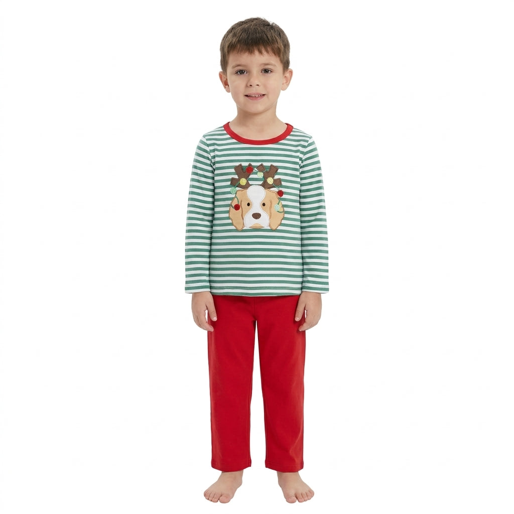 Christmas Embroidery Puppy Antlers Stripe Red Kids Sibling Matching Clothes