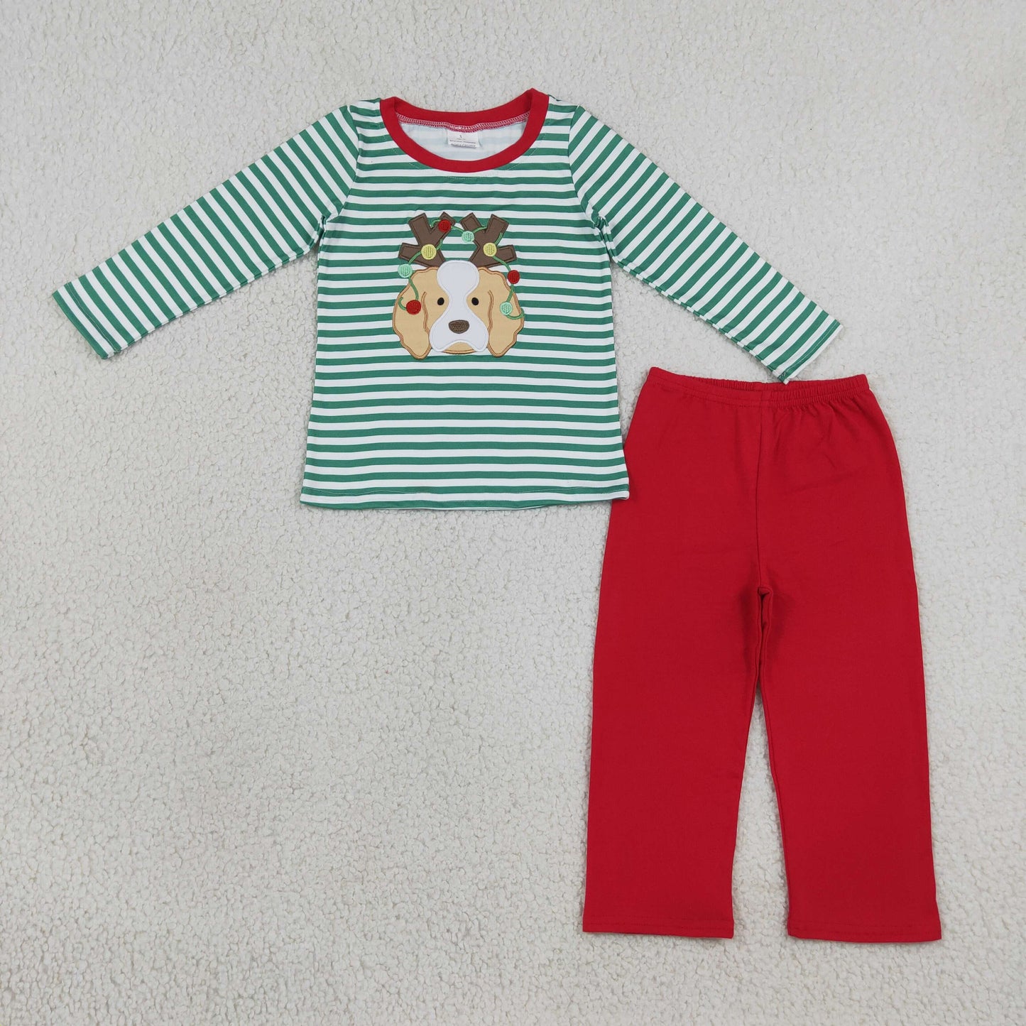 Christmas Embroidery Puppy Antlers Stripe Red Kids Sibling Matching Clothes