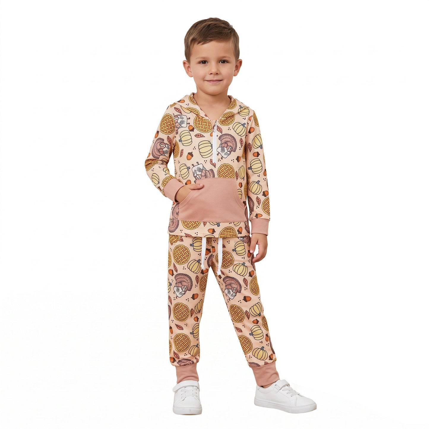 BLP1504 Thanksgiving Day Turkey Pumpkin Boys Hoodie Set