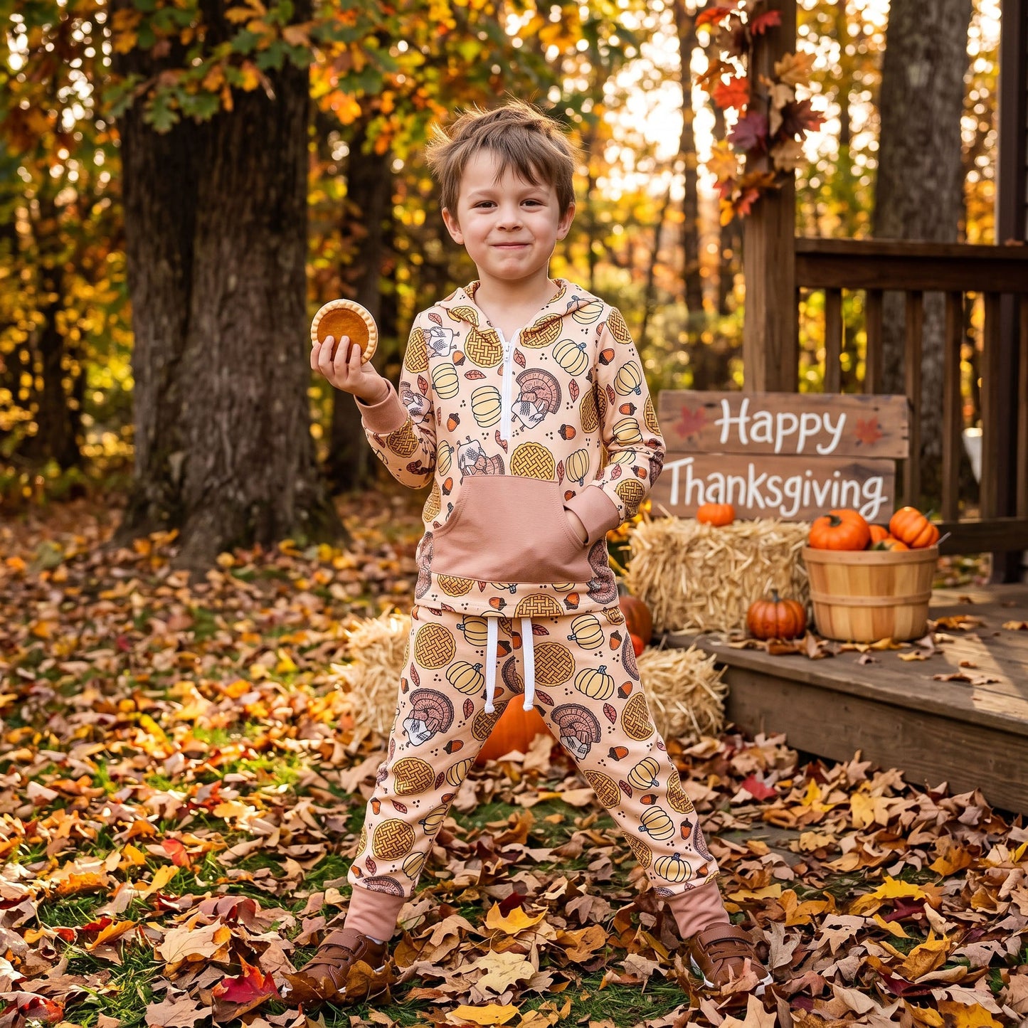 BLP1504 Thanksgiving Day Turkey Pumpkin Boys Hoodie Set