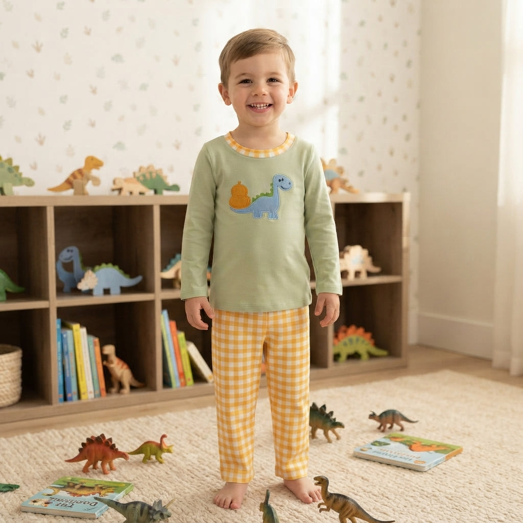 BLP1515 Embroidery Fall Pumpkin Dinosaur Boys Outfits