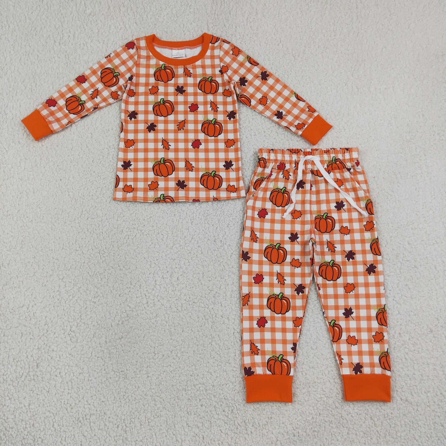 BLP1540 Fall Pumpkin Plaid Orange Boys Pajamas Outfits