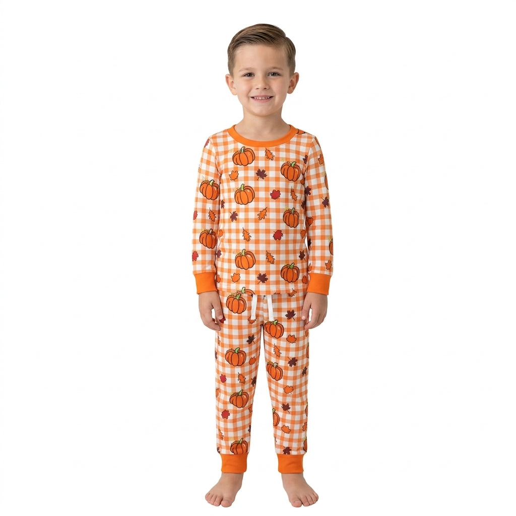 BLP1540 Fall Pumpkin Plaid Orange Boys Pajamas Outfits