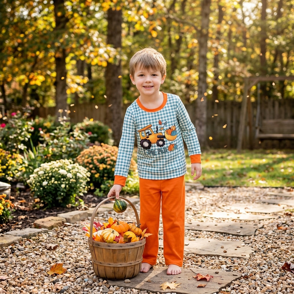 BLP1542 I Dig Fall Pumpkin Plaid Boys Set