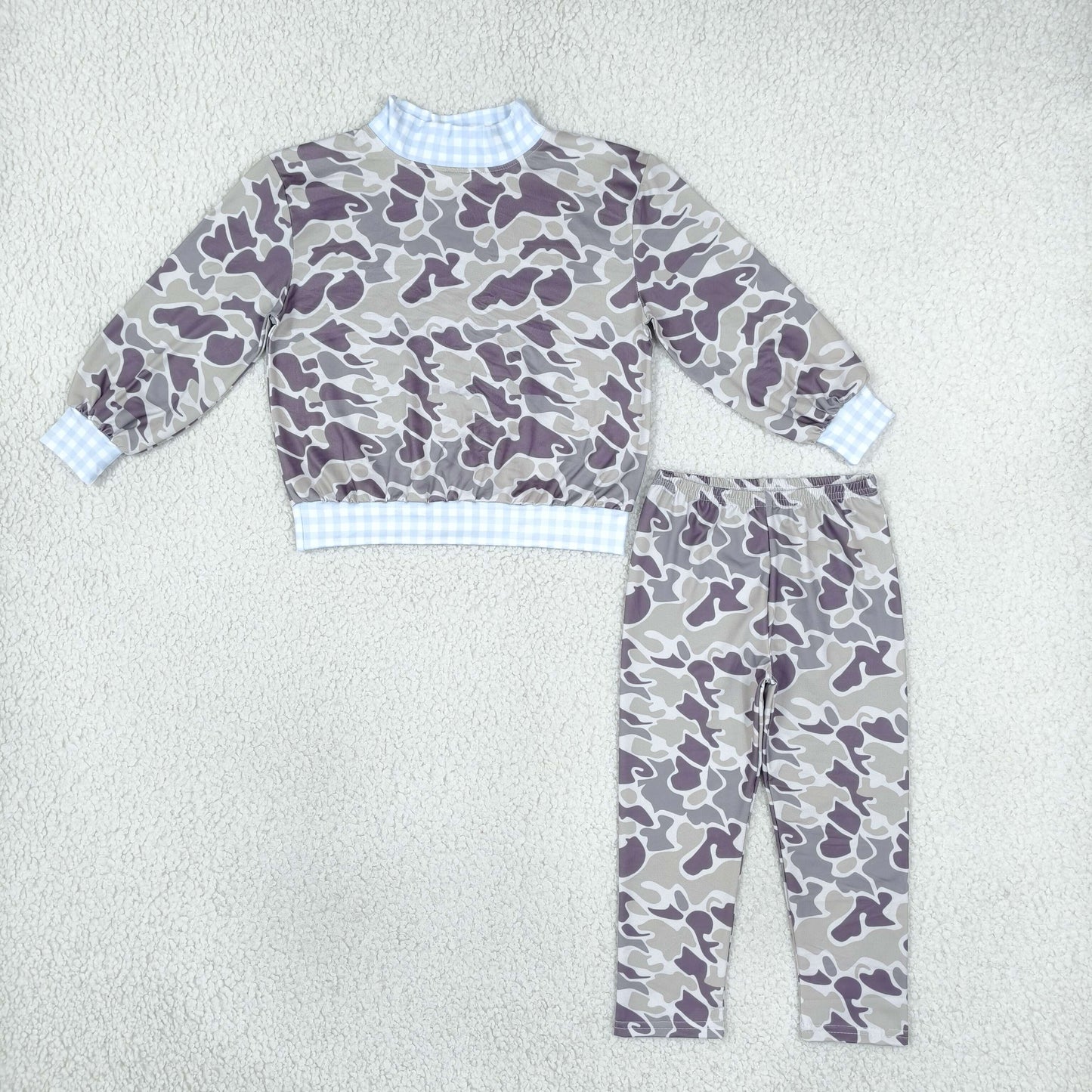 BLP1567 Hunting Camo Blue Plaid Mockneck Boys Set
