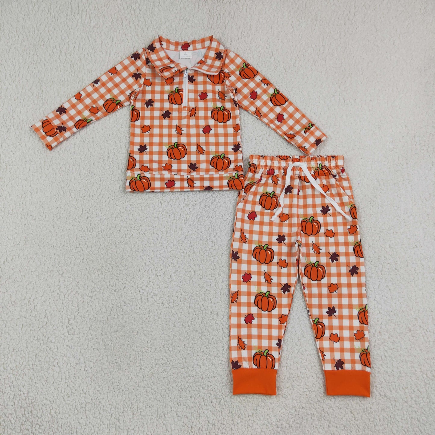BLP1574 Fall Pumpkin Plaid Zipper Pullover Orange Boys Set