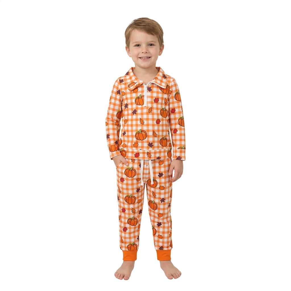 BLP1574 Fall Pumpkin Plaid Zipper Pullover Orange Boys Set