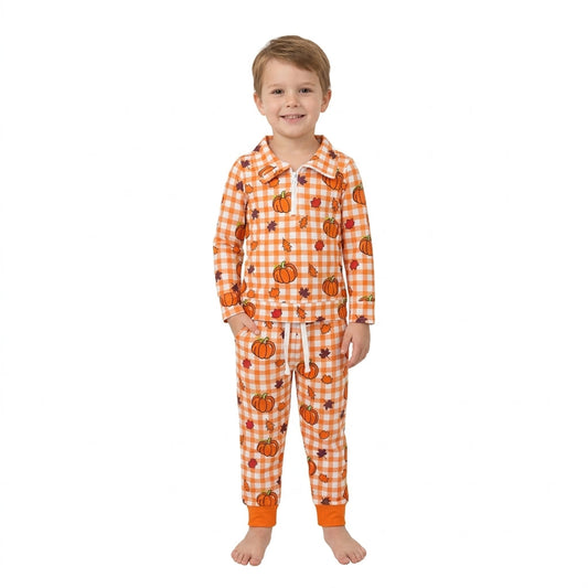 BLP1574 Fall Pumpkin Plaid Zipper Pullover Orange Boys Set