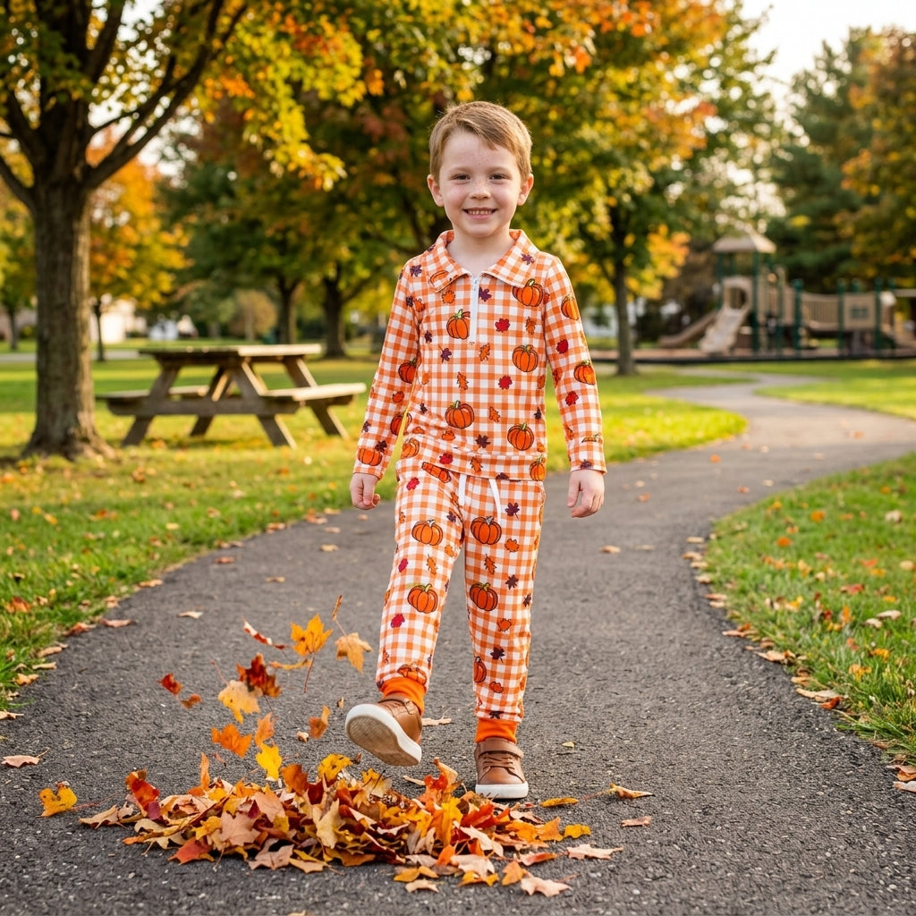 BLP1574 Fall Pumpkin Plaid Zipper Pullover Orange Boys Set