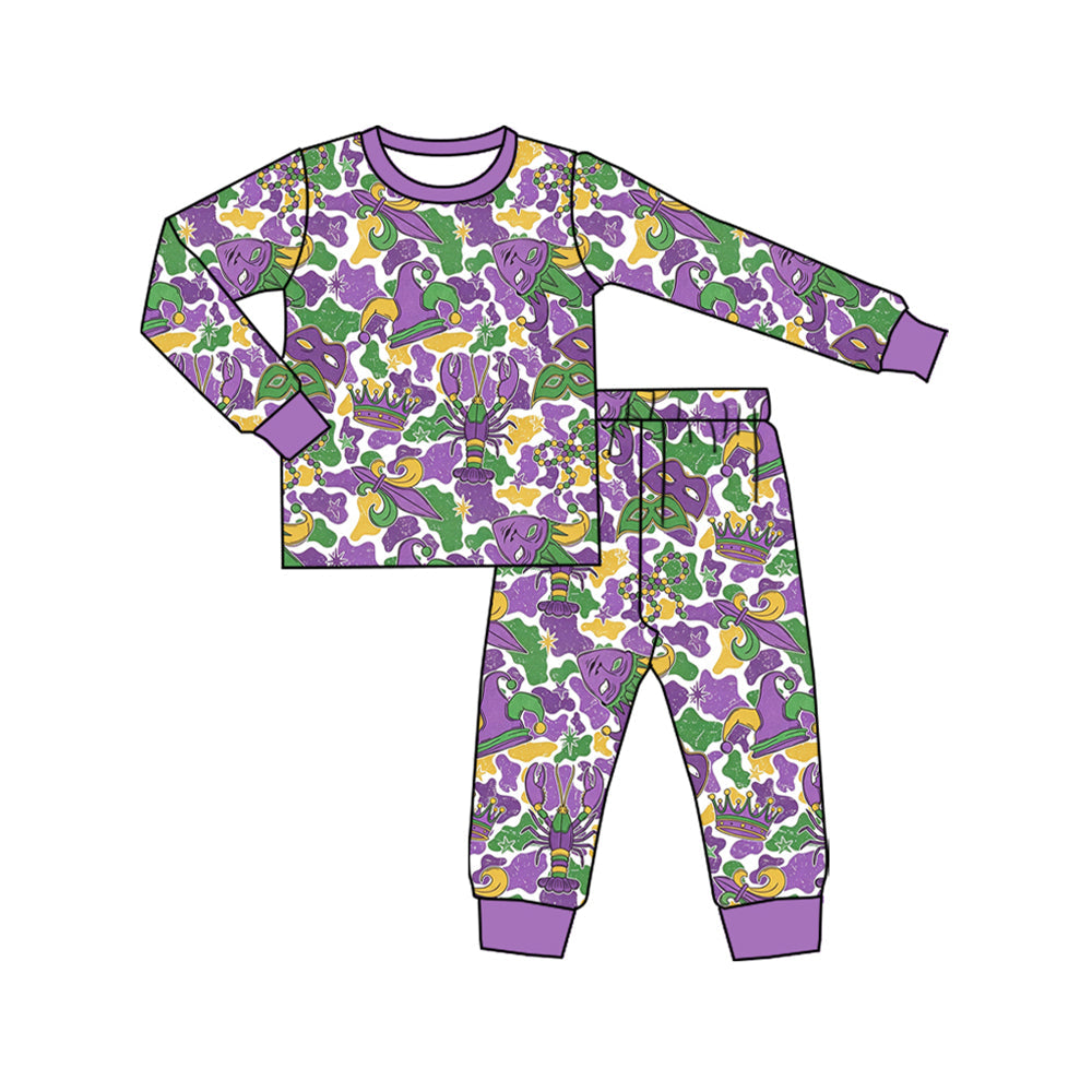 Preorder MOQ 5 pcs Each Style Mardi Gras Mask Camo Boys Pajamas Outfits Kids Matching Clothes