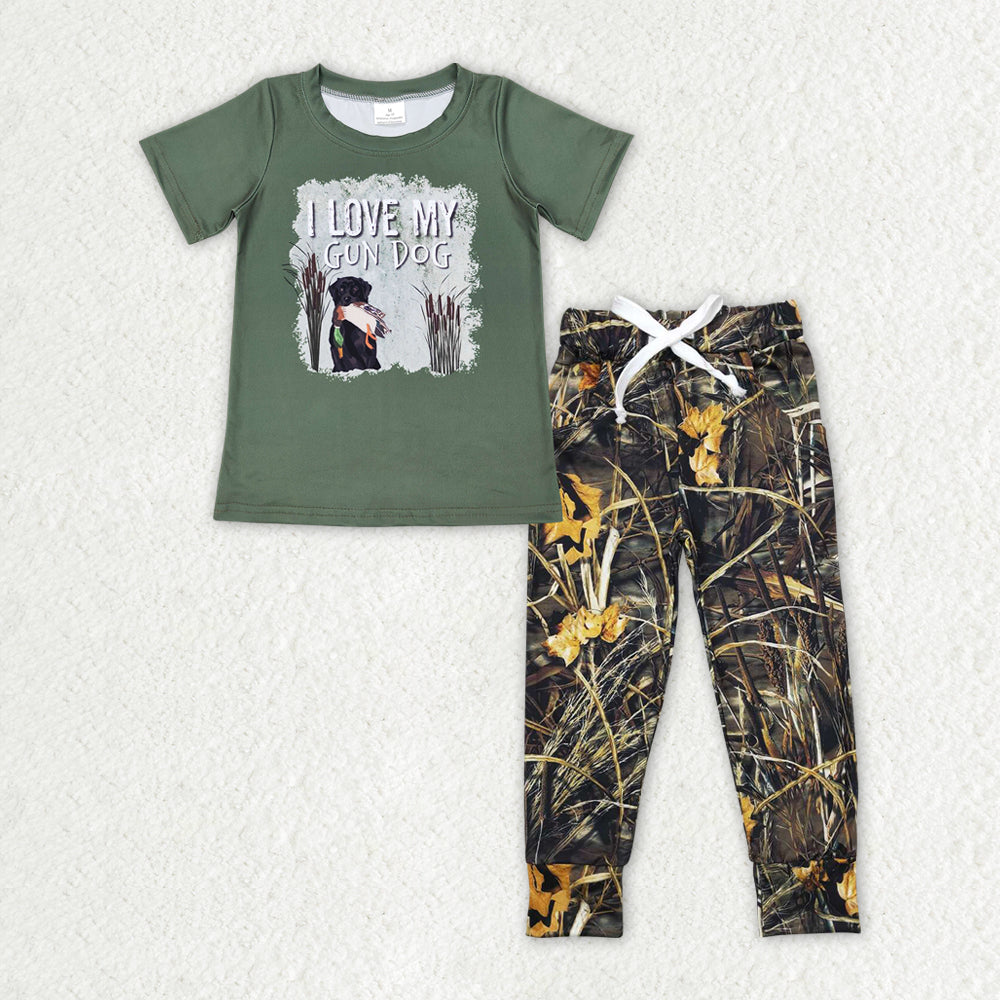 Dark Green L LOVE MY GUN DOG Short Sleeve Camo Pants Boys Suit