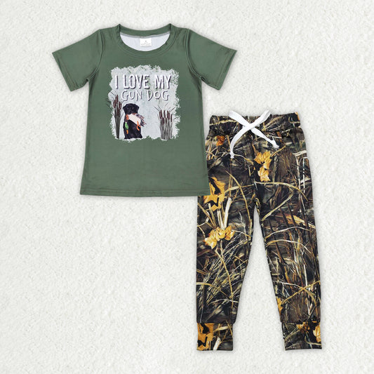 Dark Green L LOVE MY GUN DOG Short Sleeve Camo Pants Boys Suit