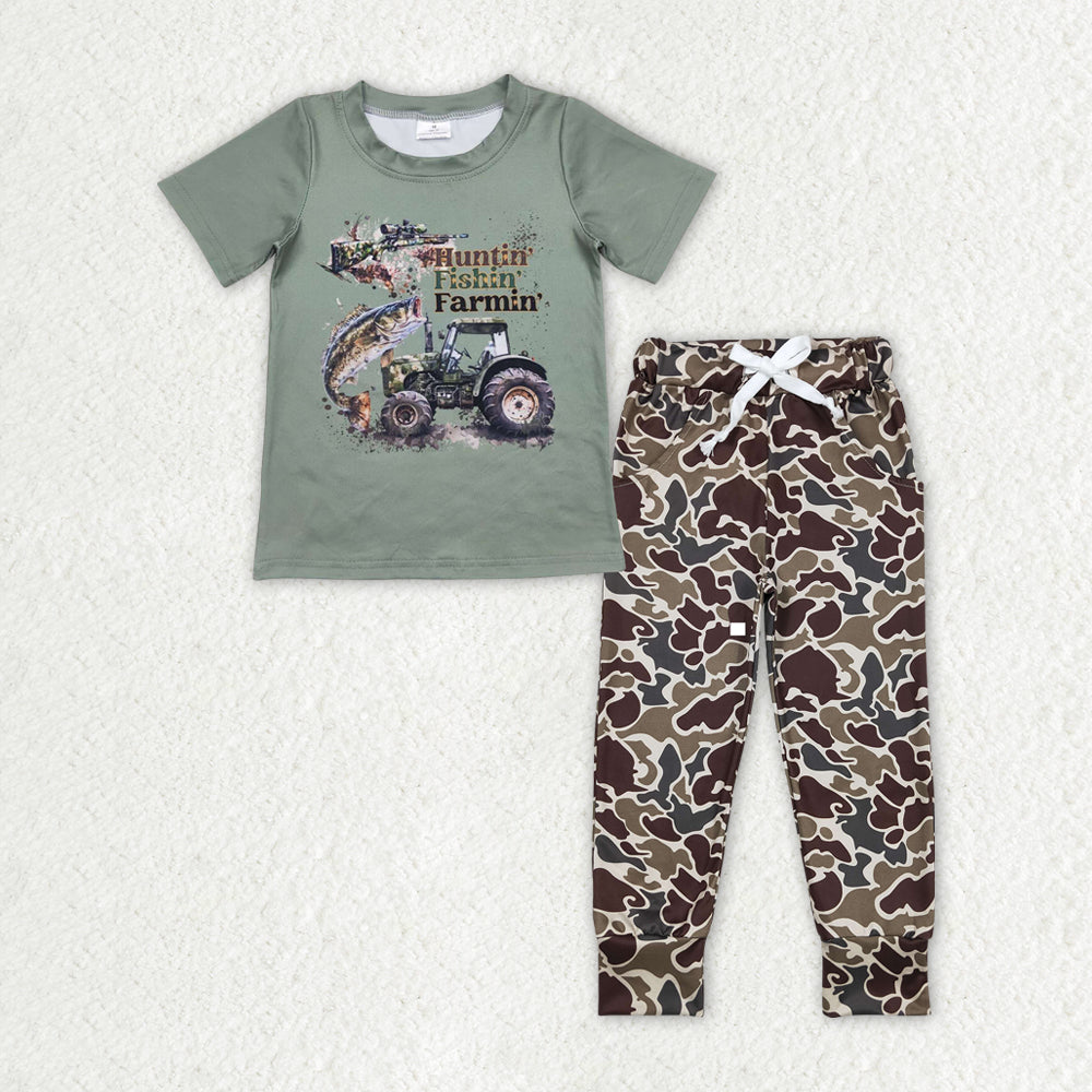 Green Fish Short Sleeve Camo Pants Boys Suit